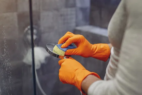 Manos con guantes de goma limpiando con una esponja la alcachofa de una ducha, donde se acumula la cal